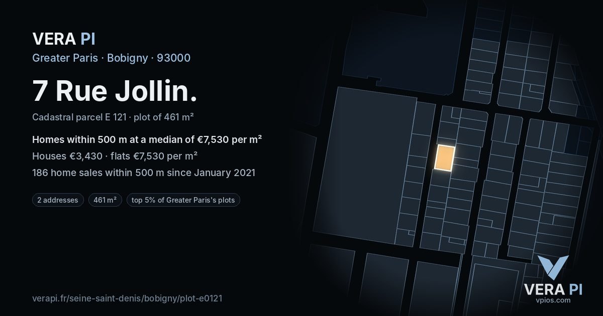 7 Rue Jollin, Bobigny at night – the plot lit, the parcels around coloured by the prices near them