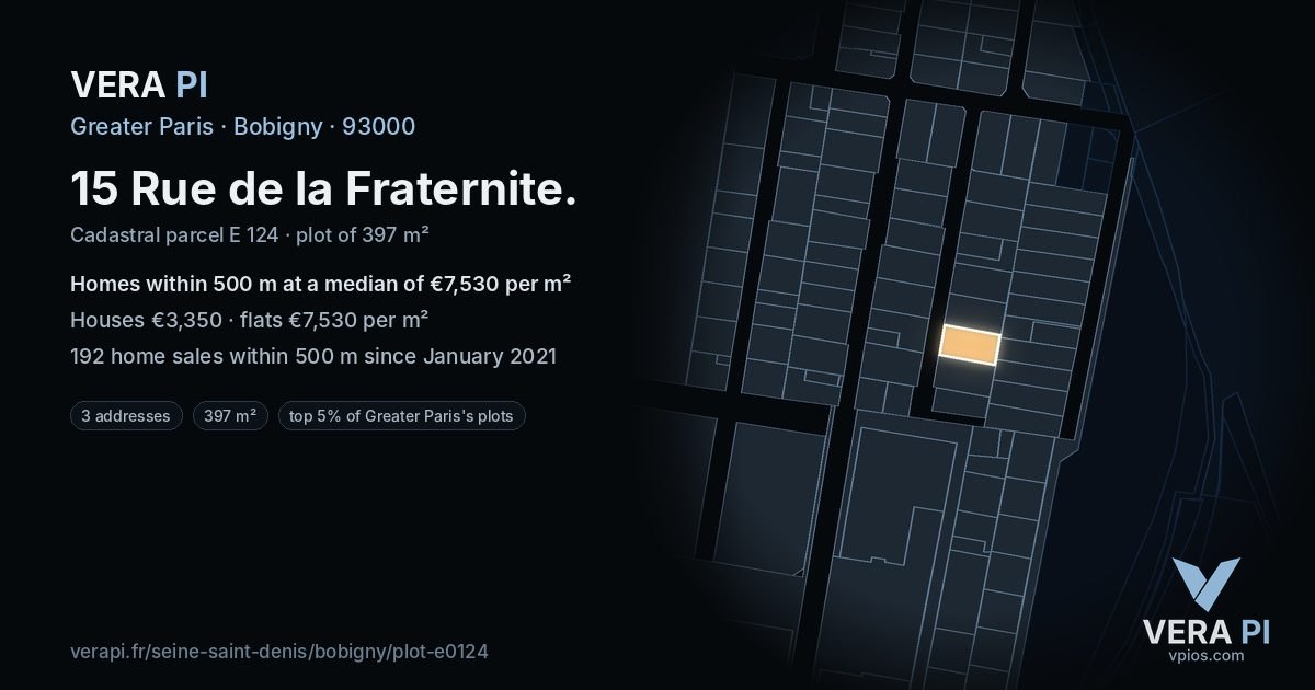 15 Rue de la Fraternite, Bobigny at night – the plot lit, the parcels around coloured by the prices near them