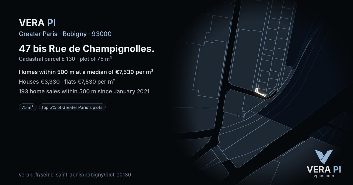 47 bis Rue de Champignolles, Bobigny at night – the plot lit, the parcels around coloured by the prices near them