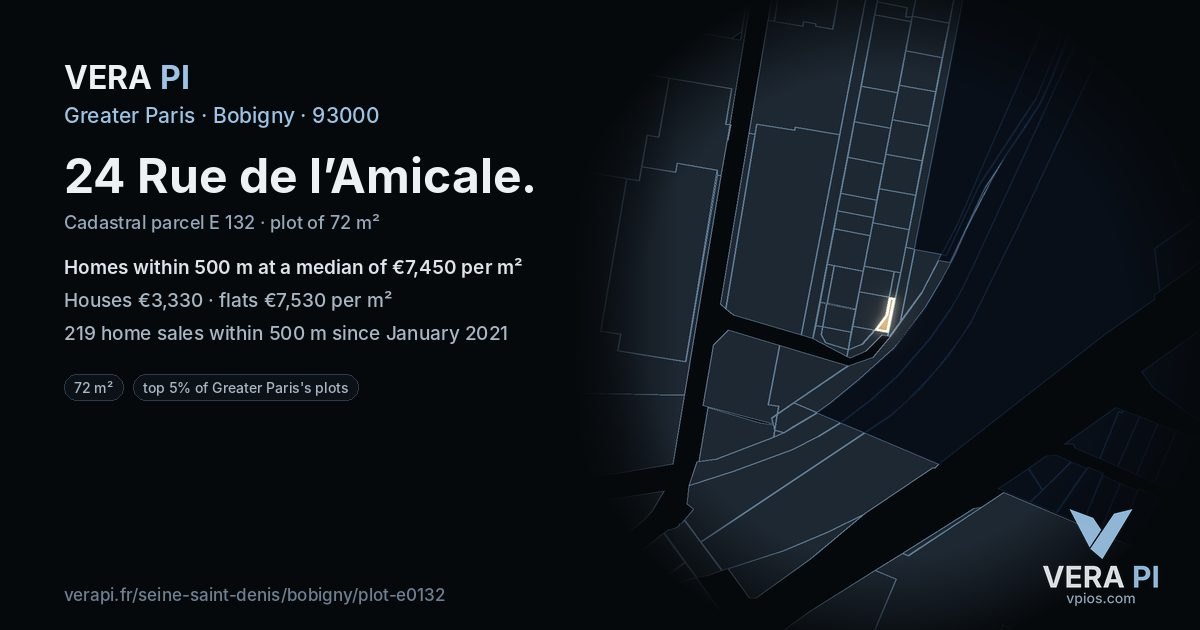 24 Rue de l’Amicale, Bobigny at night – the plot lit, the parcels around coloured by the prices near them