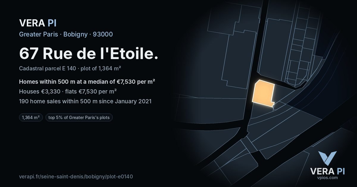 67 Rue de l'Etoile, Bobigny at night – the plot lit, the parcels around coloured by the prices near them