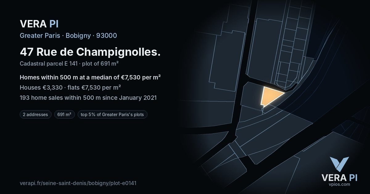 47 Rue de Champignolles, Bobigny at night – the plot lit, the parcels around coloured by the prices near them