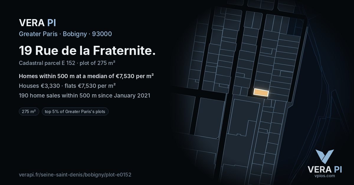 19 Rue de la Fraternite, Bobigny at night – the plot lit, the parcels around coloured by the prices near them