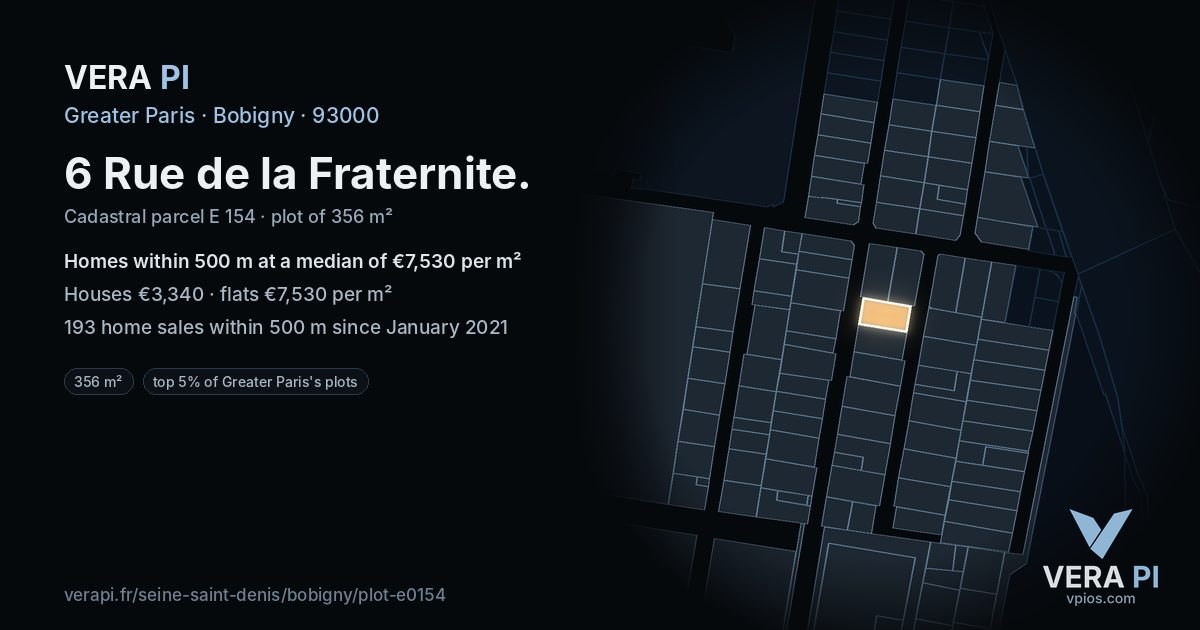 6 Rue de la Fraternite, Bobigny at night – the plot lit, the parcels around coloured by the prices near them