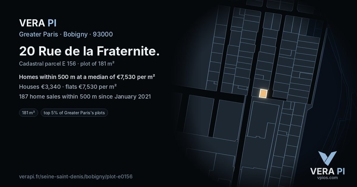 20 Rue de la Fraternite, Bobigny at night – the plot lit, the parcels around coloured by the prices near them