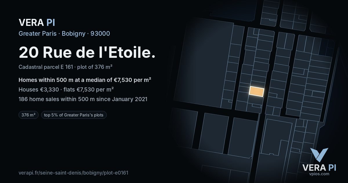 20 Rue de l'Etoile, Bobigny at night – the plot lit, the parcels around coloured by the prices near them