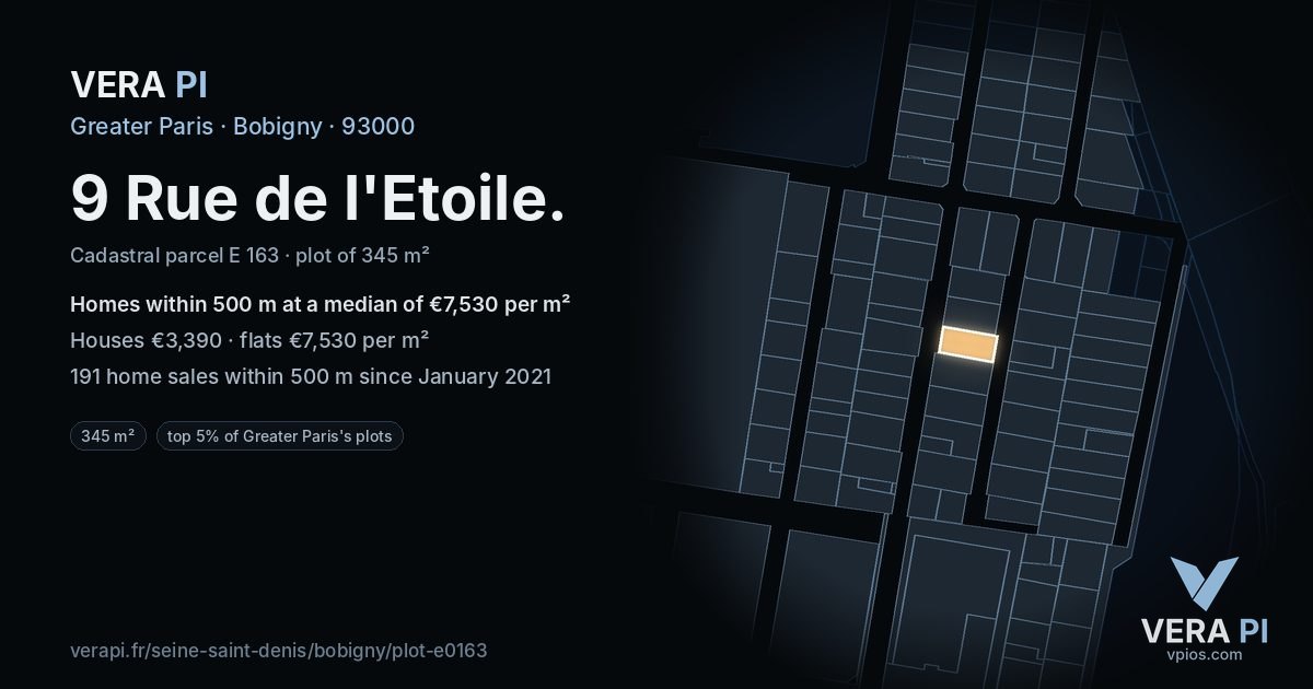 9 Rue de l'Etoile, Bobigny at night – the plot lit, the parcels around coloured by the prices near them