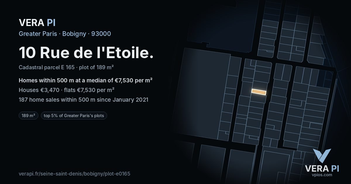 10 Rue de l'Etoile, Bobigny at night – the plot lit, the parcels around coloured by the prices near them