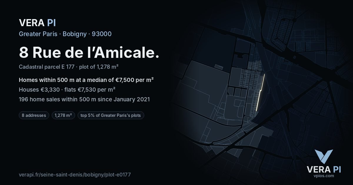 8 Rue de l’Amicale, Bobigny at night – the plot lit, the parcels around coloured by the prices near them