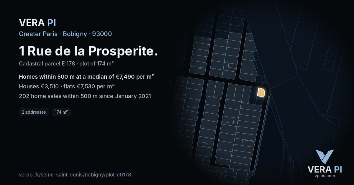 1 Rue de la Prosperite, Bobigny at night – the plot lit, the parcels around coloured by the prices near them