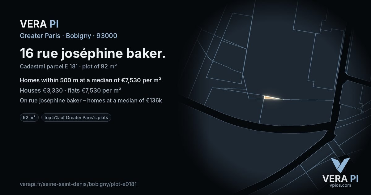 16 rue joséphine baker, Bobigny at night – the plot lit, the parcels around coloured by the prices near them