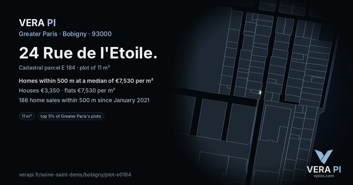 24 Rue de l'Etoile, Bobigny at night – the plot lit, the parcels around coloured by the prices near them