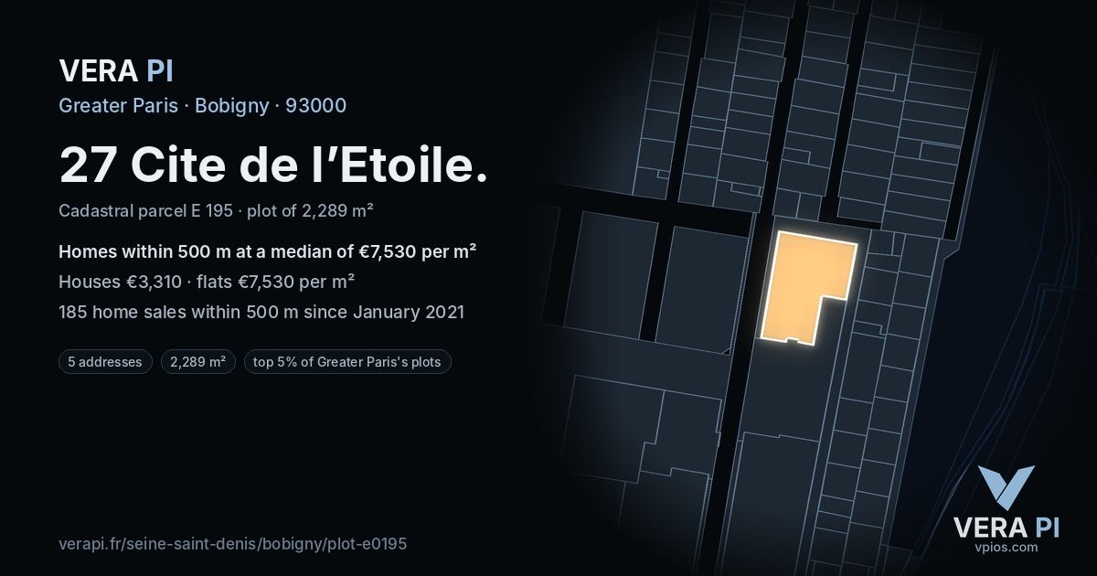 27 Cite de l’Etoile, Bobigny at night – the plot lit, the parcels around coloured by the prices near them