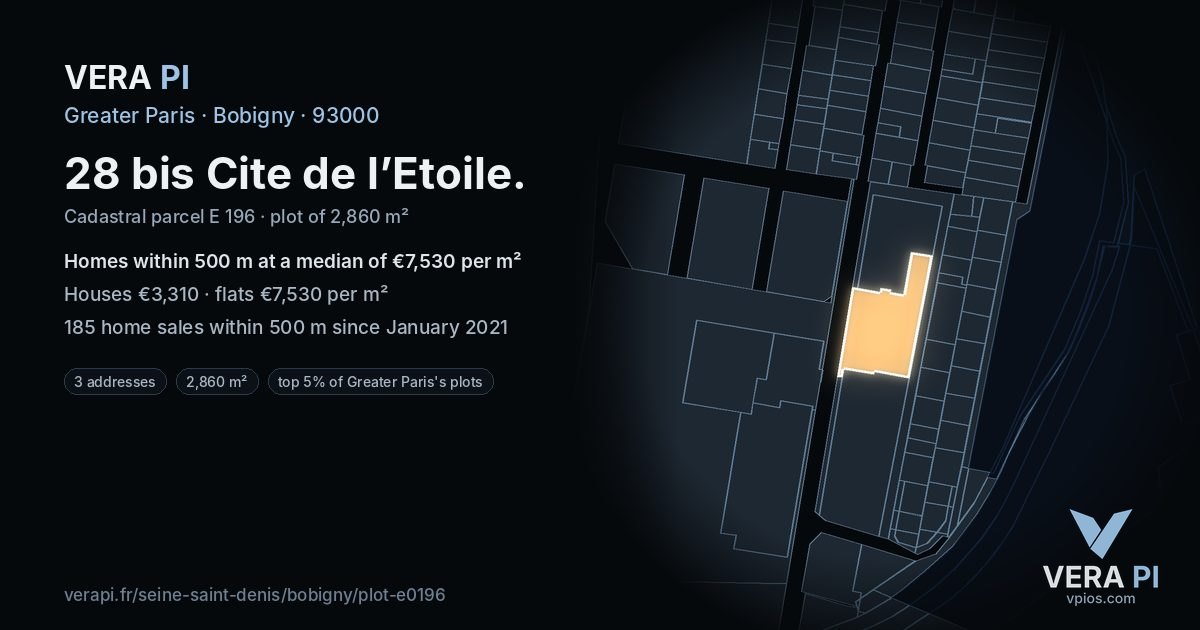 28 bis Cite de l’Etoile, Bobigny at night – the plot lit, the parcels around coloured by the prices near them