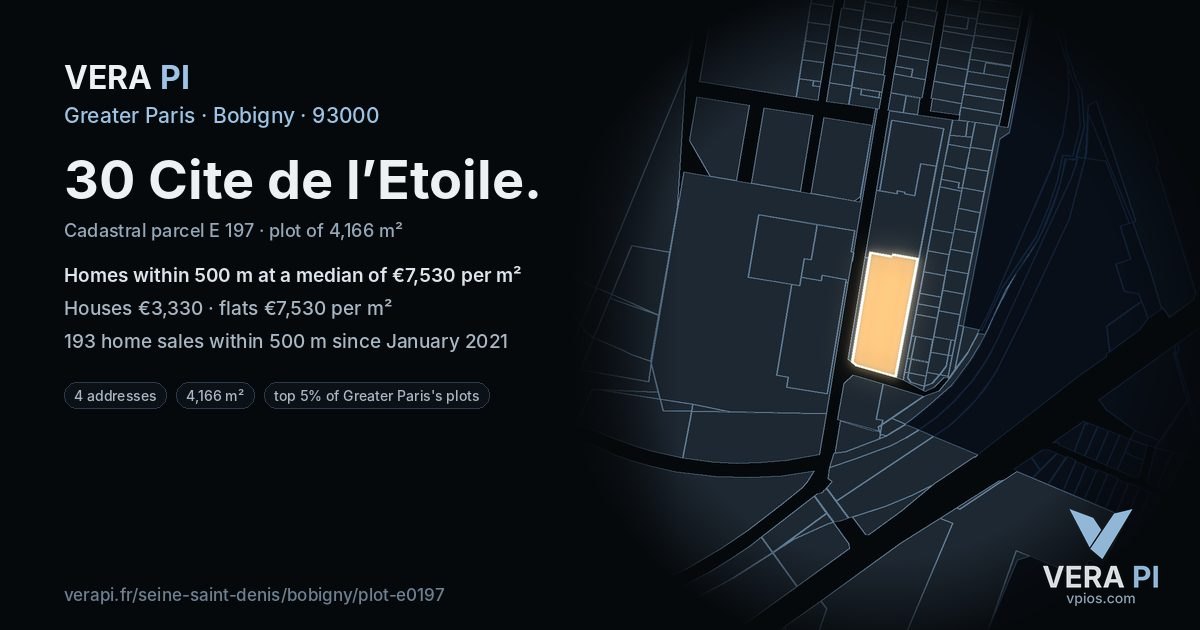 30 Cite de l’Etoile, Bobigny at night – the plot lit, the parcels around coloured by the prices near them