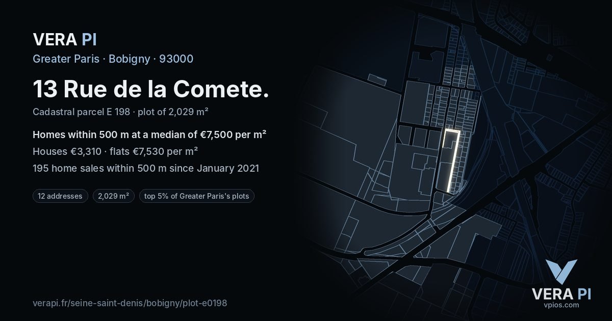 13 Rue de la Comete, Bobigny at night – the plot lit, the parcels around coloured by the prices near them