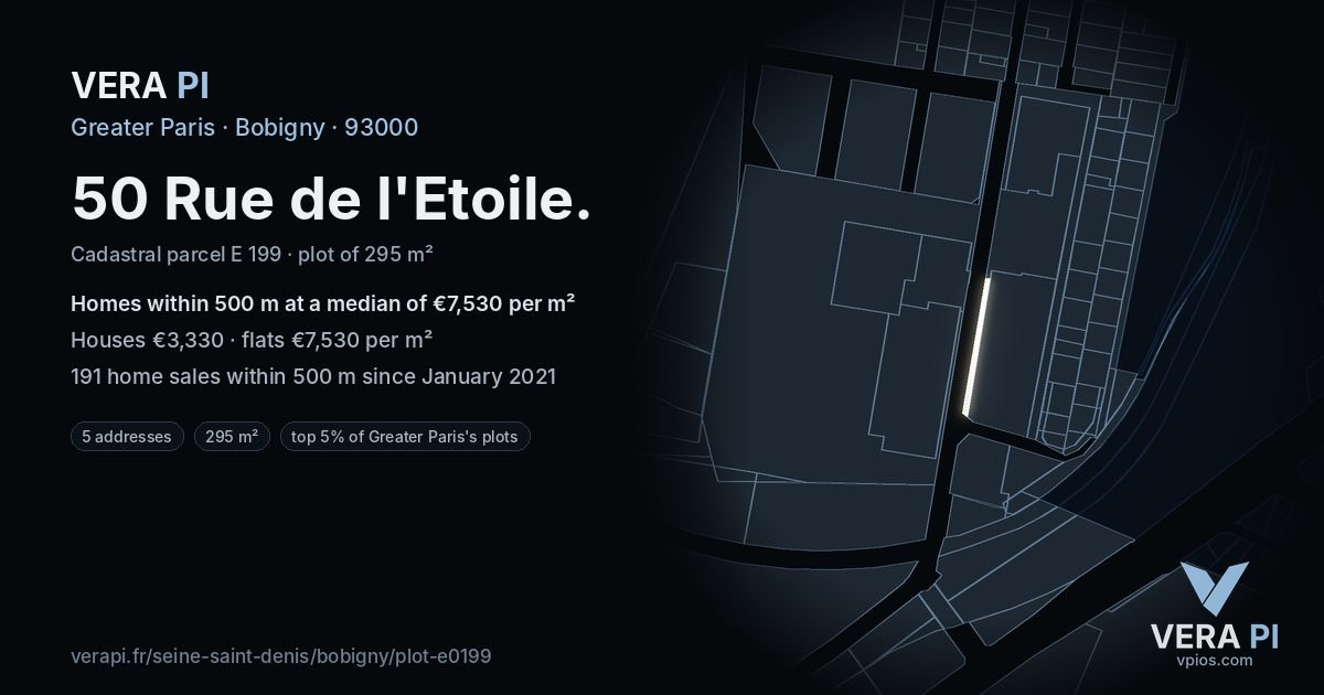50 Rue de l'Etoile, Bobigny at night – the plot lit, the parcels around coloured by the prices near them