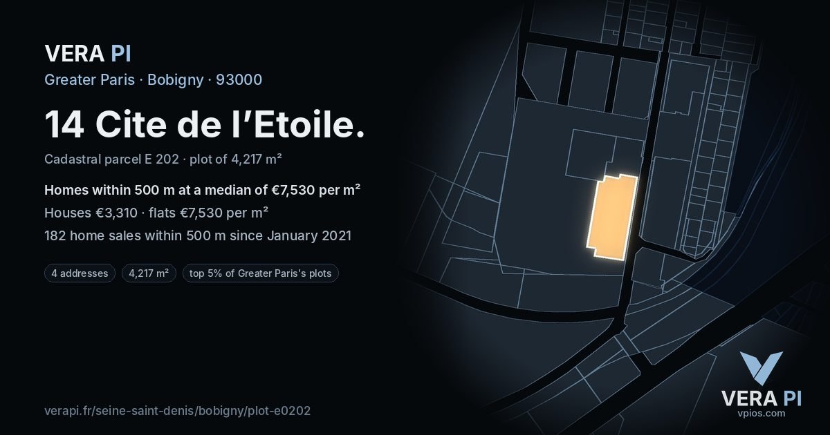 14 Cite de l’Etoile, Bobigny at night – the plot lit, the parcels around coloured by the prices near them