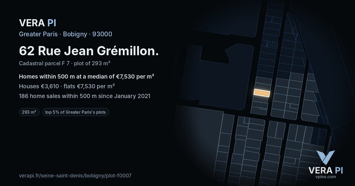62 Rue Jean Grémillon, Bobigny at night – the plot lit, the parcels around coloured by the prices near them