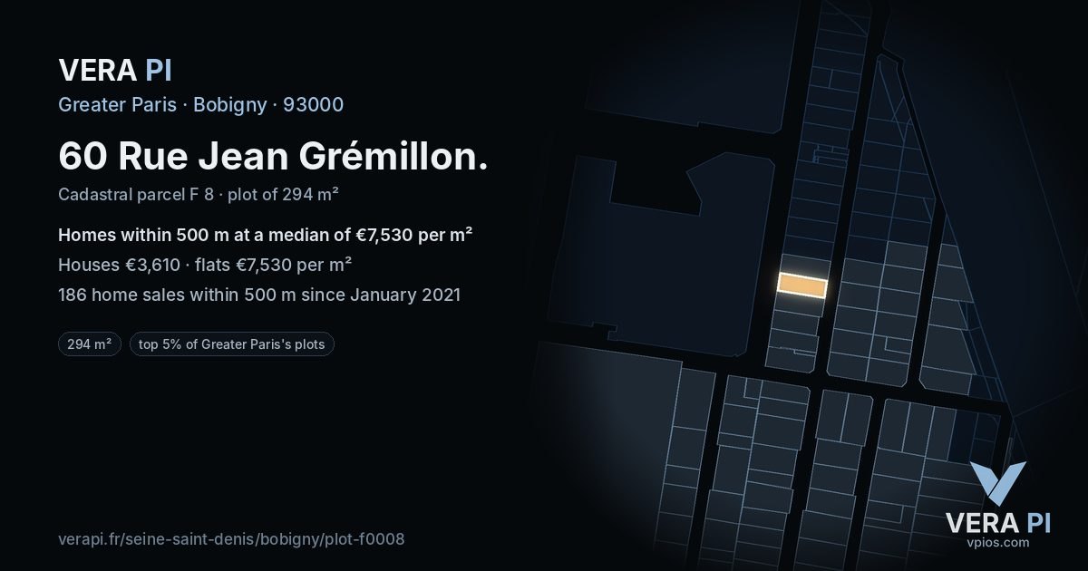 60 Rue Jean Grémillon, Bobigny at night – the plot lit, the parcels around coloured by the prices near them