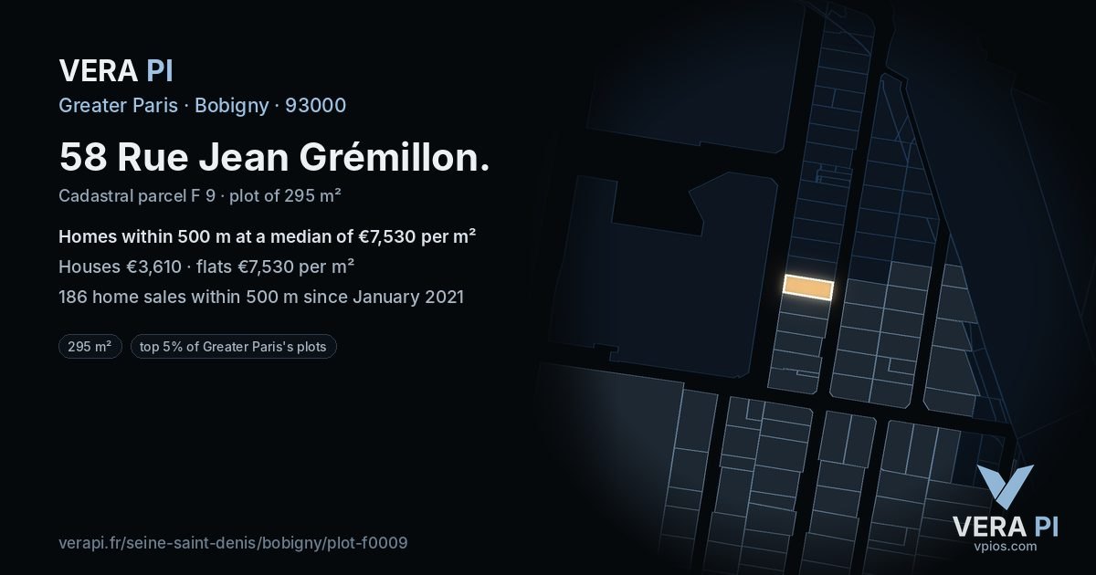 58 Rue Jean Grémillon, Bobigny at night – the plot lit, the parcels around coloured by the prices near them