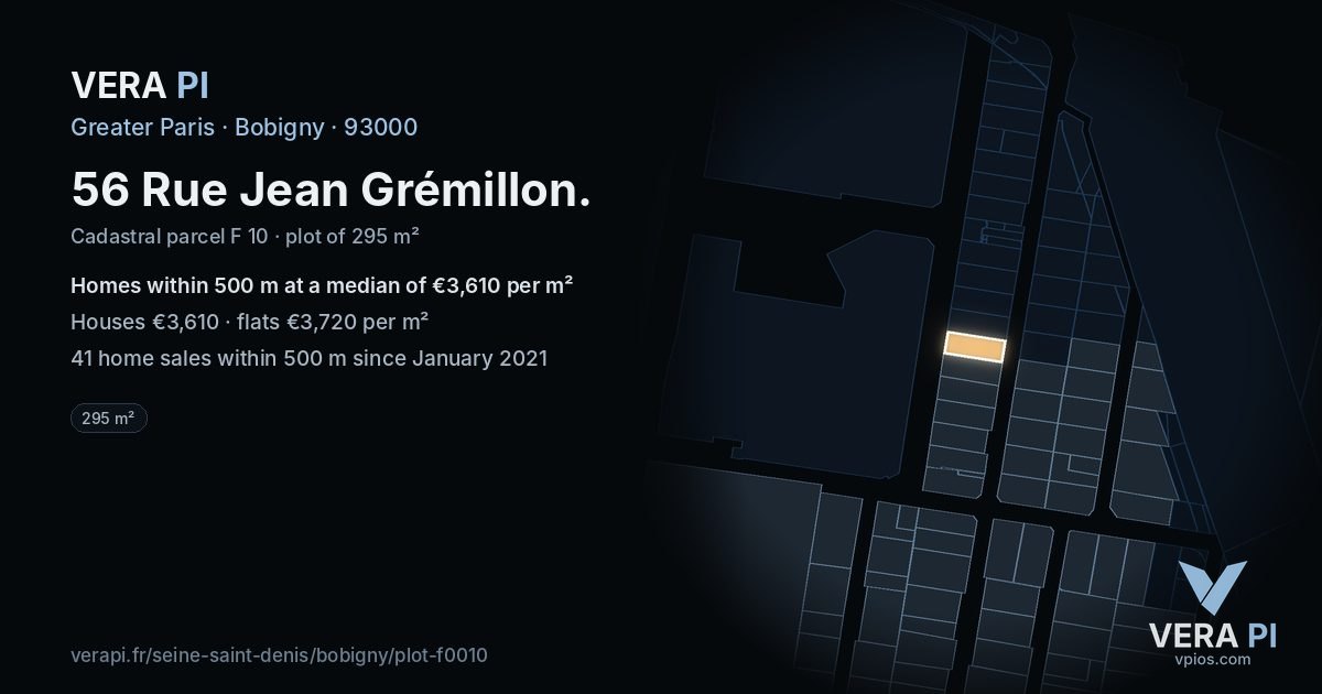 56 Rue Jean Grémillon, Bobigny at night – the plot lit, the parcels around coloured by the prices near them