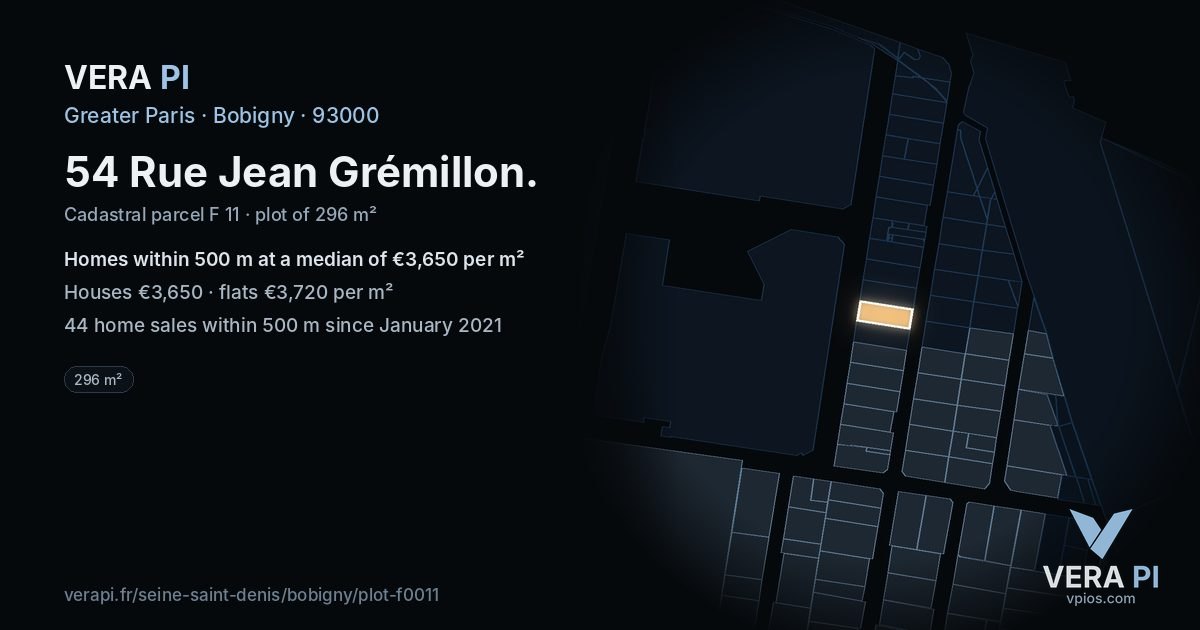 54 Rue Jean Grémillon, Bobigny at night – the plot lit, the parcels around coloured by the prices near them