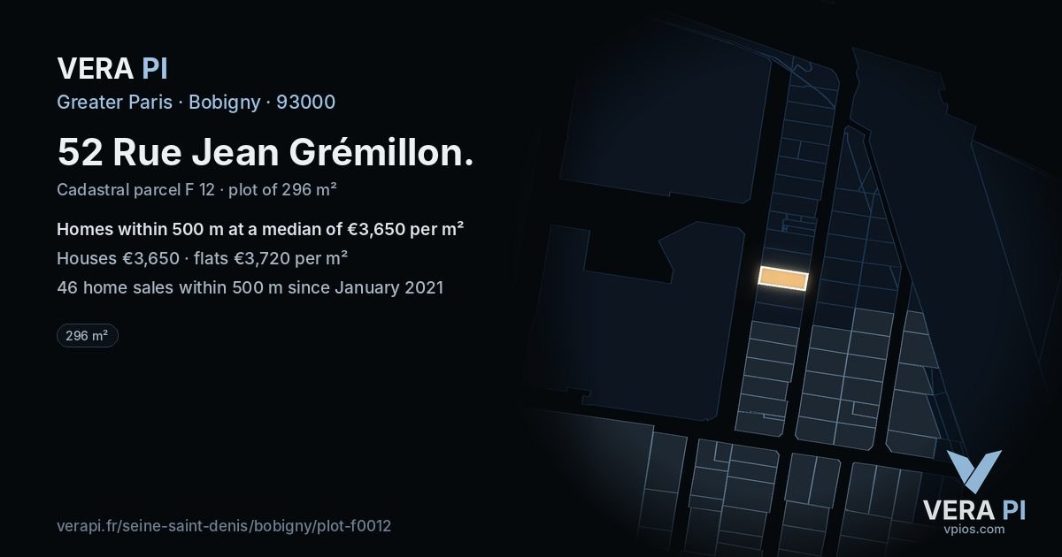 52 Rue Jean Grémillon, Bobigny at night – the plot lit, the parcels around coloured by the prices near them