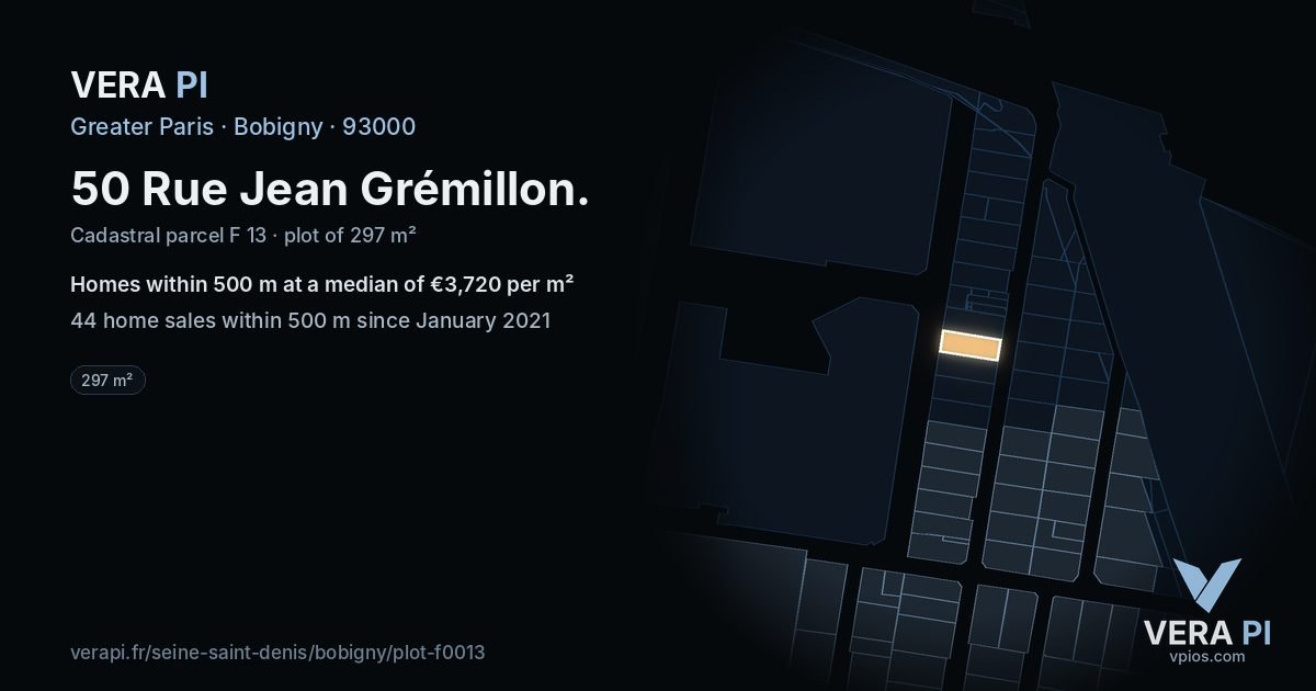 50 Rue Jean Grémillon, Bobigny at night – the plot lit, the parcels around coloured by the prices near them