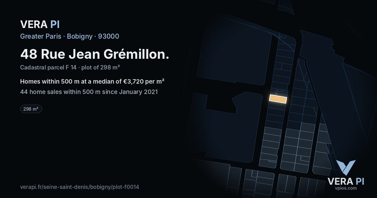48 Rue Jean Grémillon, Bobigny at night – the plot lit, the parcels around coloured by the prices near them