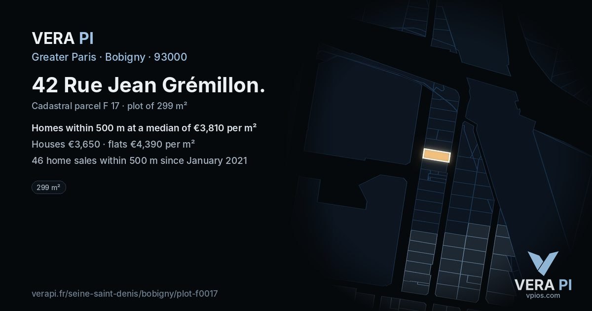 42 Rue Jean Grémillon, Bobigny at night – the plot lit, the parcels around coloured by the prices near them