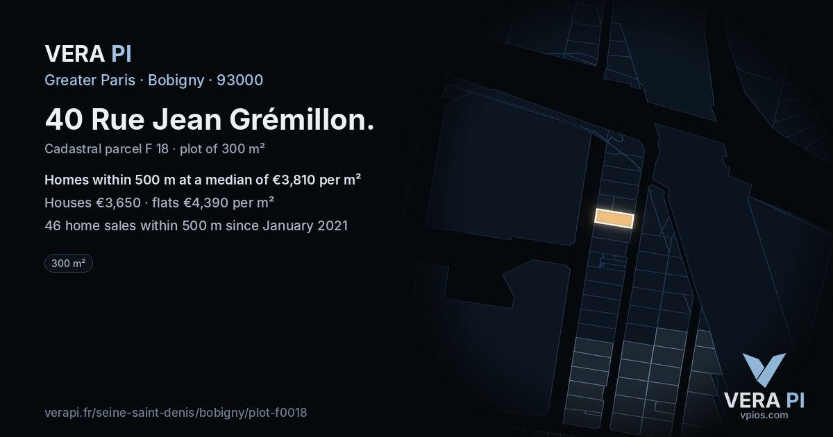 40 Rue Jean Grémillon, Bobigny at night – the plot lit, the parcels around coloured by the prices near them