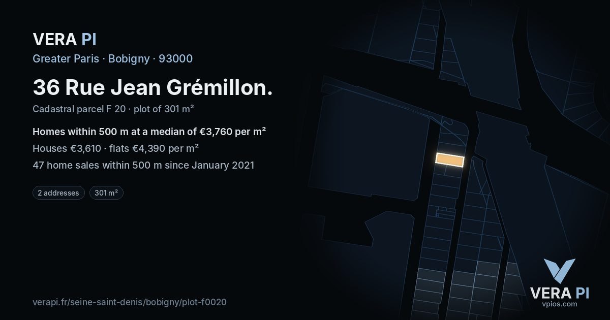 36 Rue Jean Grémillon, Bobigny at night – the plot lit, the parcels around coloured by the prices near them
