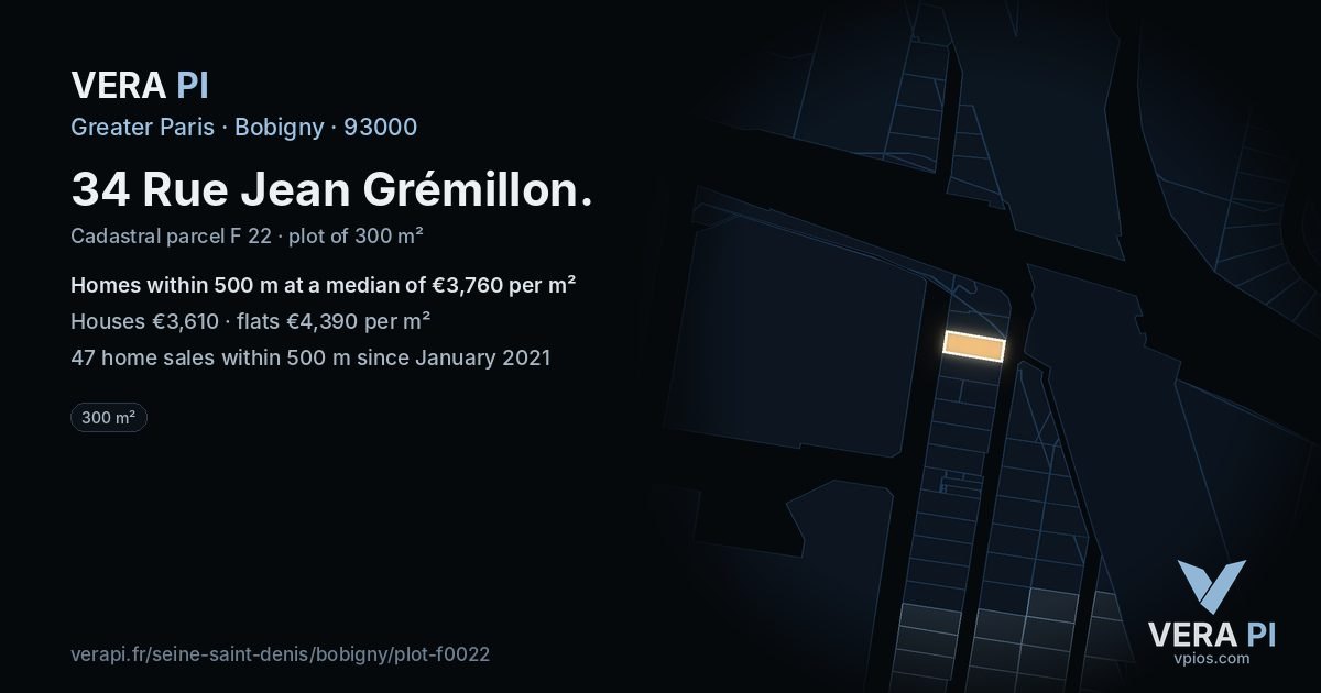 34 Rue Jean Grémillon, Bobigny at night – the plot lit, the parcels around coloured by the prices near them