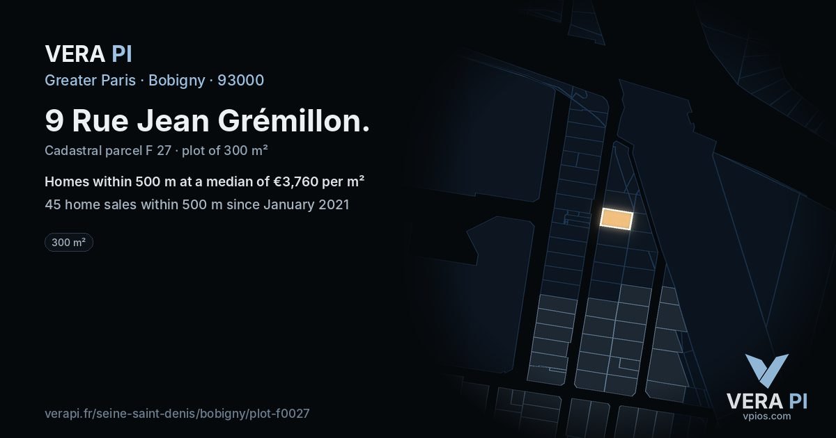 9 Rue Jean Grémillon, Bobigny at night – the plot lit, the parcels around coloured by the prices near them