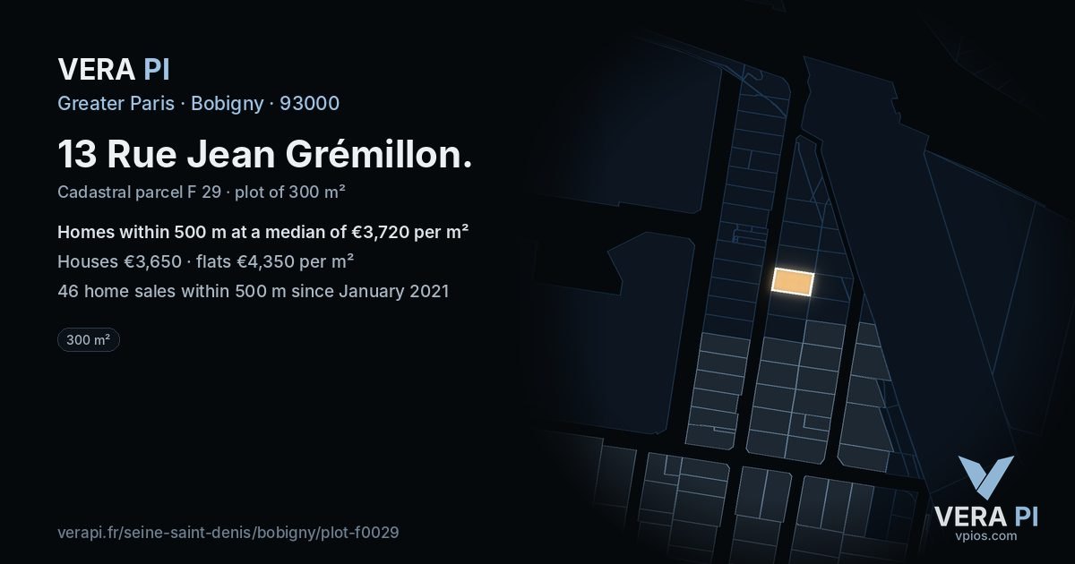 13 Rue Jean Grémillon, Bobigny at night – the plot lit, the parcels around coloured by the prices near them
