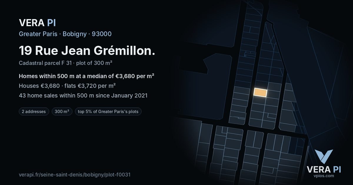 19 Rue Jean Grémillon, Bobigny at night – the plot lit, the parcels around coloured by the prices near them