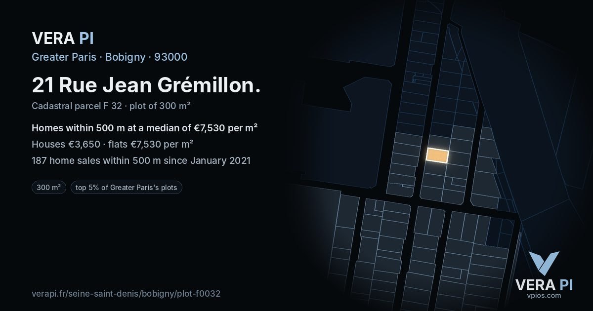 21 Rue Jean Grémillon, Bobigny at night – the plot lit, the parcels around coloured by the prices near them