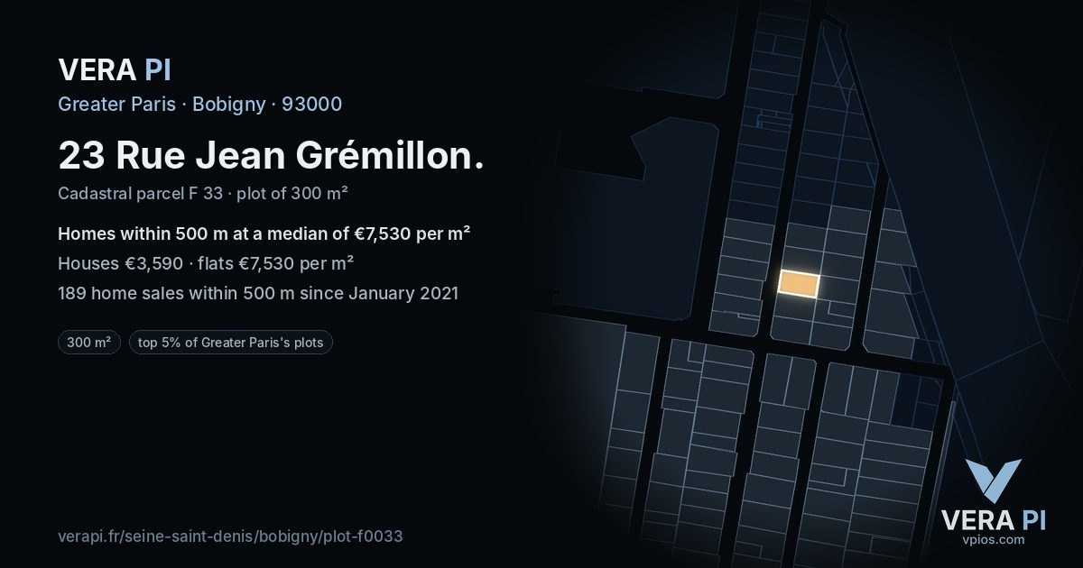 23 Rue Jean Grémillon, Bobigny at night – the plot lit, the parcels around coloured by the prices near them