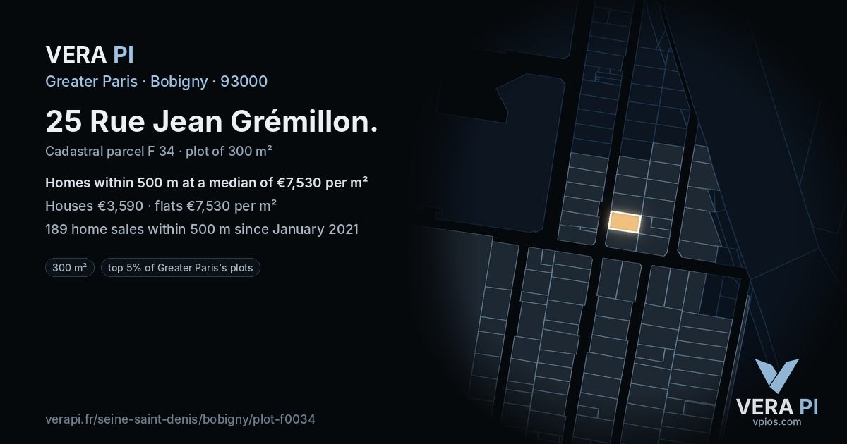 25 Rue Jean Grémillon, Bobigny at night – the plot lit, the parcels around coloured by the prices near them