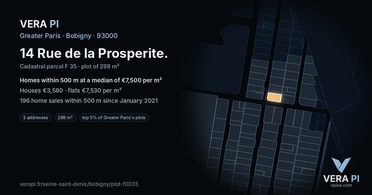 14 Rue de la Prosperite, Bobigny at night – the plot lit, the parcels around coloured by the prices near them