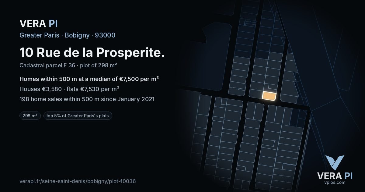 10 Rue de la Prosperite, Bobigny at night – the plot lit, the parcels around coloured by the prices near them