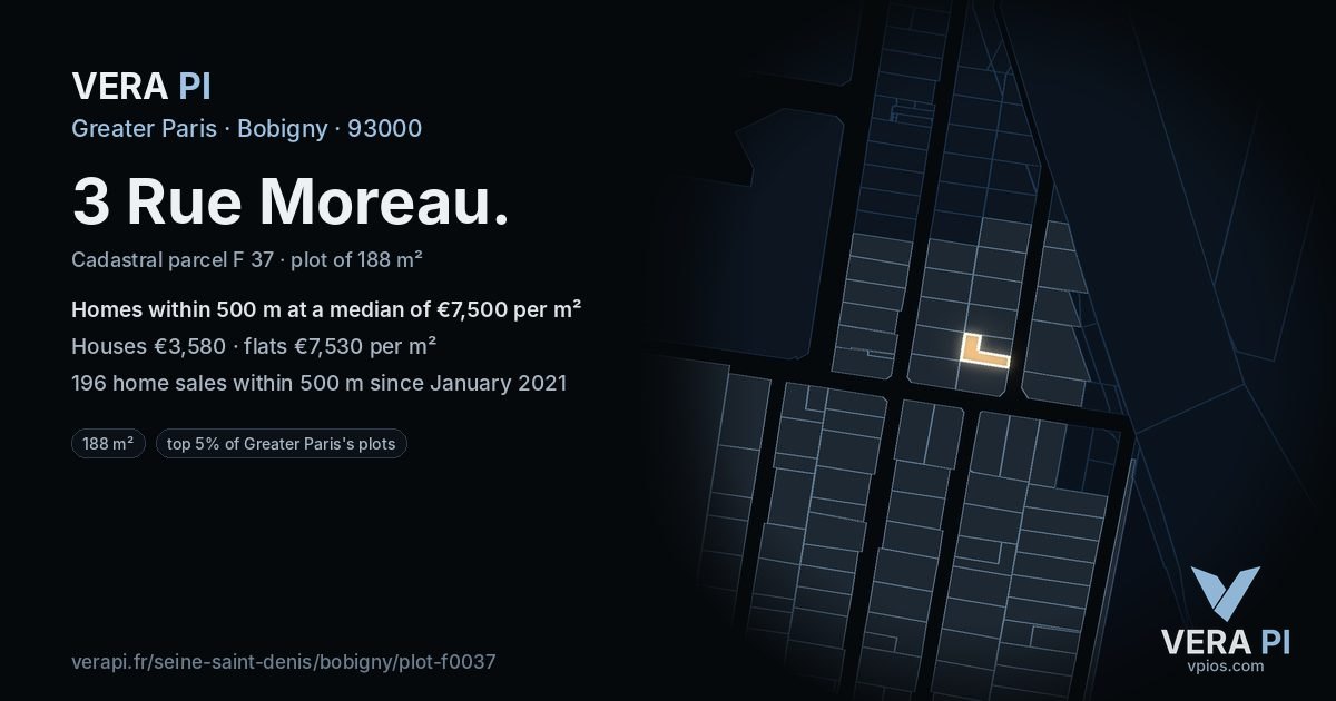 3 Rue Moreau, Bobigny at night – the plot lit, the parcels around coloured by the prices near them