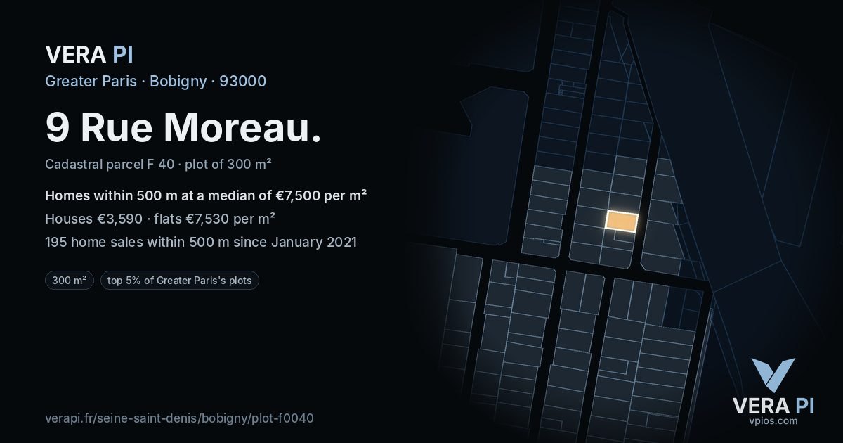 9 Rue Moreau, Bobigny at night – the plot lit, the parcels around coloured by the prices near them
