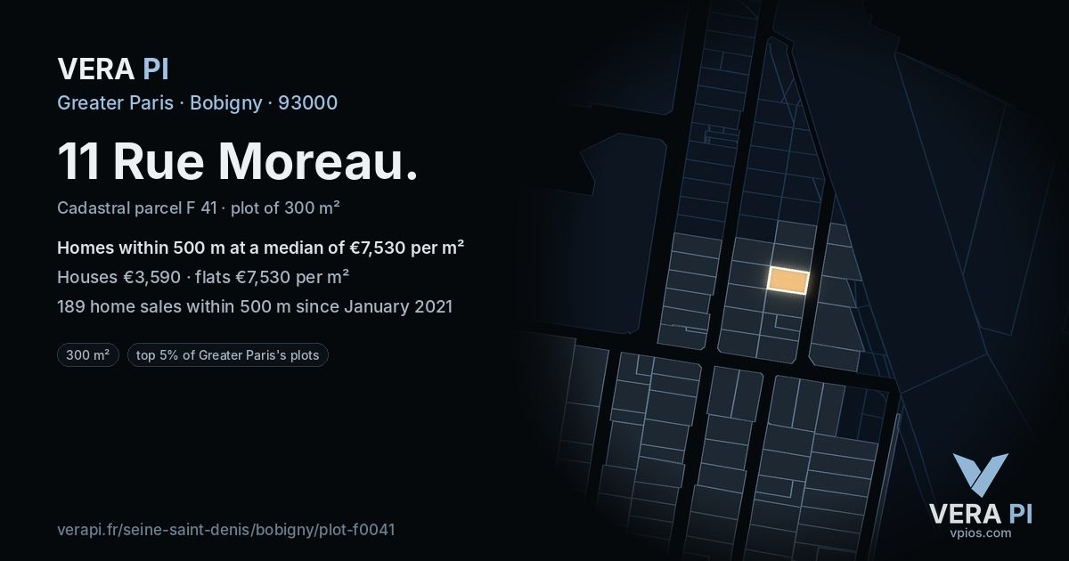 11 Rue Moreau, Bobigny at night – the plot lit, the parcels around coloured by the prices near them