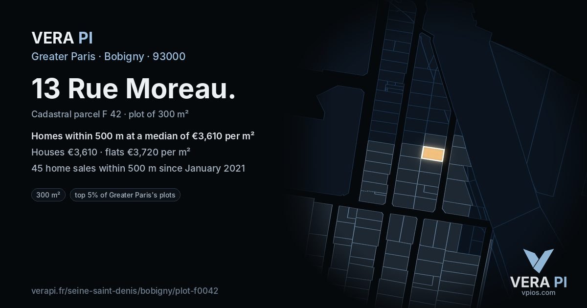 13 Rue Moreau, Bobigny at night – the plot lit, the parcels around coloured by the prices near them