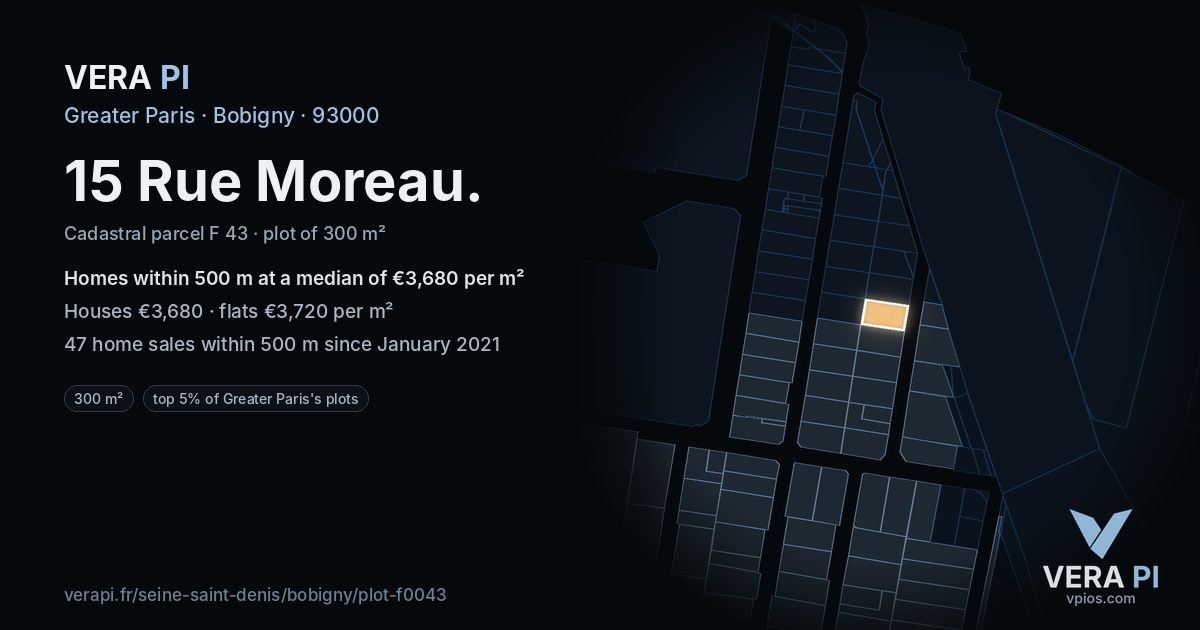 15 Rue Moreau, Bobigny at night – the plot lit, the parcels around coloured by the prices near them