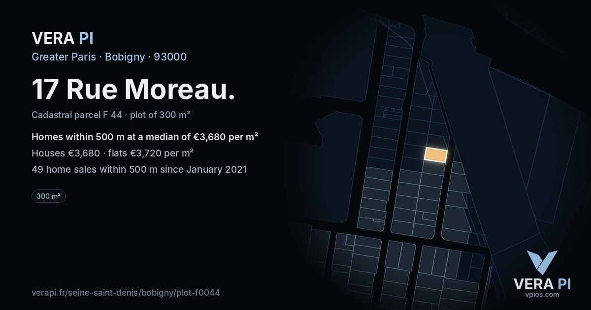17 Rue Moreau, Bobigny at night – the plot lit, the parcels around coloured by the prices near them