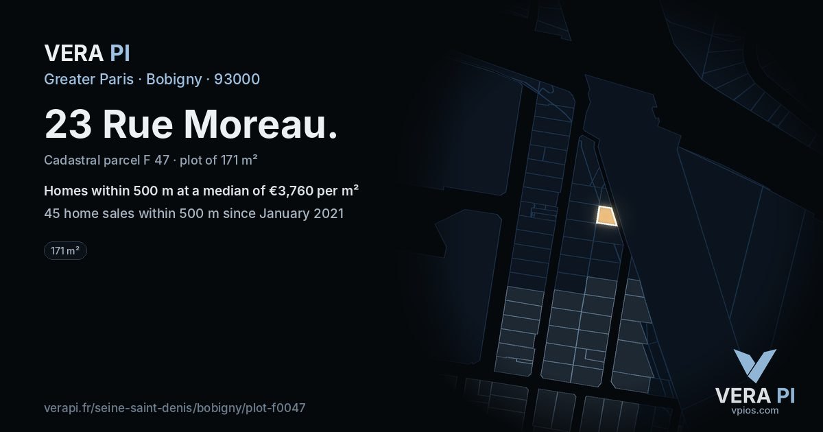 23 Rue Moreau, Bobigny at night – the plot lit, the parcels around coloured by the prices near them