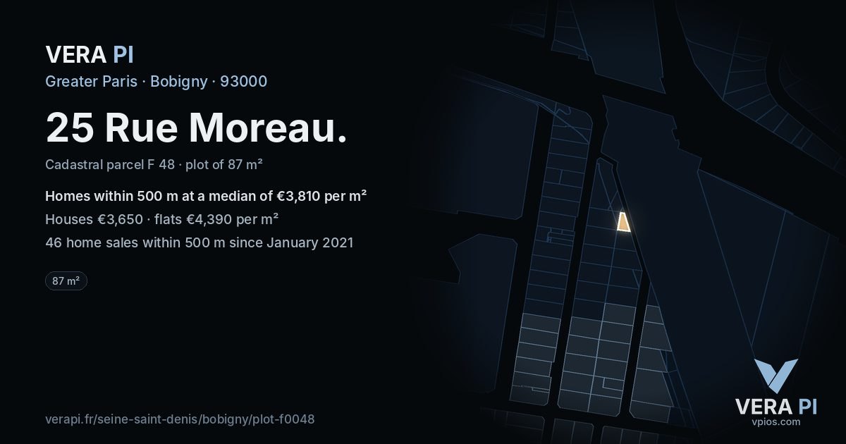 25 Rue Moreau, Bobigny at night – the plot lit, the parcels around coloured by the prices near them